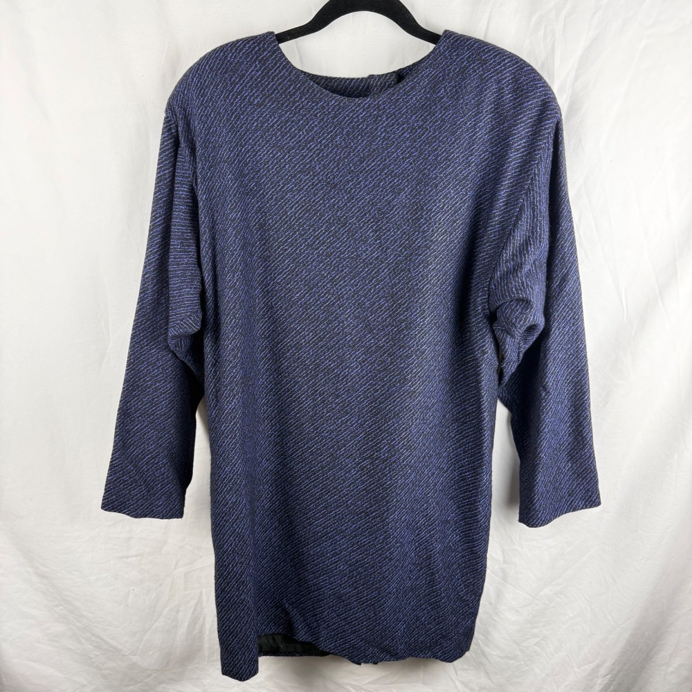 Vintage Blue Black Tweed Textured Long Sleeve‎ Sweater Dress Size Large Modest